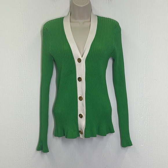 Boston Proper - Ribbed Bright Green White Trim Gold Button Cardigan Size Medium - Picture 2 of 10